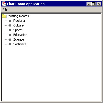 this figure shows the user interface of the chat room application, which contains the file menu and the tree structure of the existing rooms.
