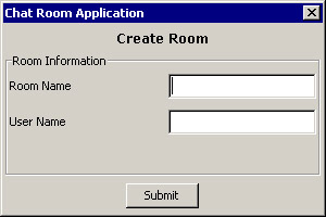 this figure shows the create room window that allows end users to specify a room name and user name of the end user to create a chat room.