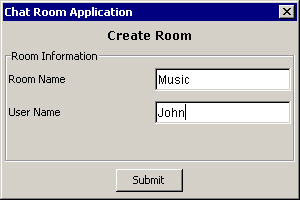 this figure shows the chat room application window that shows the room name specifed by an end user to create a new chat room.