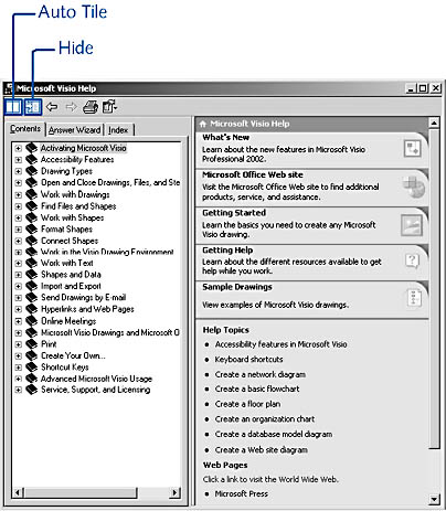 figure 1-15. you can dock or float the visio help window with the auto tile button. use the tabs to hide or show the contents, answer wizard, and index.