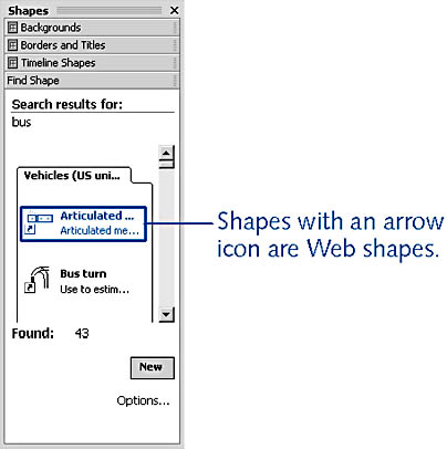 figure 2-6. the find shapes command displays results in a scrolling list organized by stencil.