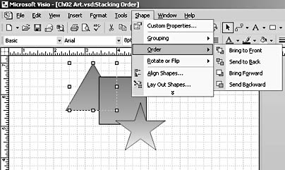 figure 2-9. stacking order determines how shapes overlap. to change a shape's order, select it, and then use the order commands on the shape menu.