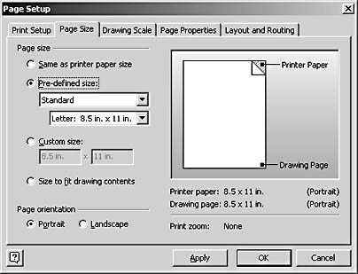 figure 2-16. to change the size of the drawing page, use the page size tab of the page setup dialog box.