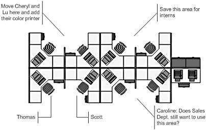figure 4-10. in this office layout, comments (which are shapes from the callouts stencil) appear on a separate review layer so that text can be hidden or printed separately.