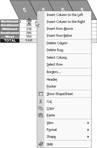 figure 4-16. when you right-click a cell in a table shape, a shortcut menu appears with commands for adding and removing rows and columns.