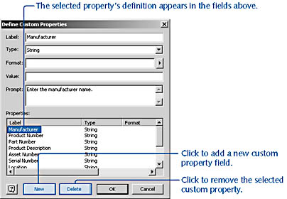 figure 6-11. you can change the definition for an existing custom property in the define custom properties dialog box; for example, you can type a new label, which then appears in the custom properties window. 