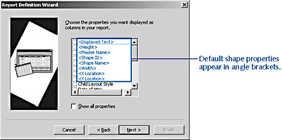 figure 6-14. when you set up a report, visio lists not only the shapes' custom property fields, but also default shape properties and internal properties used by the solution called user-defined properties, which appear in the shapesheet's user-defined cells section.