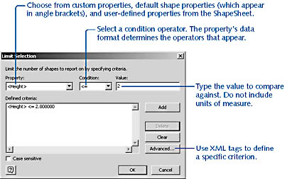 figure 6-15. you can specify quite precisely the set of shapes and properties to report on by defining criteria in the limit selection dialog box. when you run a report, visio includes only the shapes whose properties meet the criteria in the finished report.