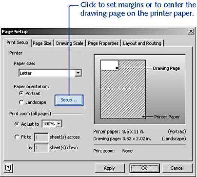 figure 8-9. you can control where a small drawing prints on regular-sized printer paper. by default, visio prints small drawings in the top left corner, as the preview here shows.