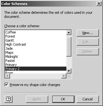 figure 13-3.  for diagram types that support the use of color schemes, you can quickly format shapes by choosing tools, color schemes.