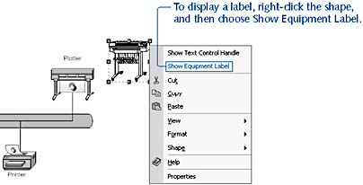 figure 14-11. network shapes have two styles of label. the plotter shape from the basic network shapes 3d stencil includes a label by default. the plotter shape from the printers and scanners stencil (visio professional only) has the option to display a label.