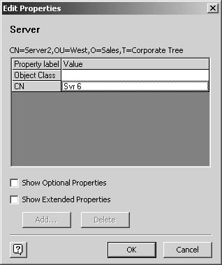 figure 14-22.   display object properties and define values in the edit properties dialog box. select one of the check boxes at the bottom to list optional or extended properties for the object.