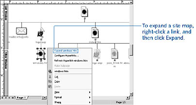 figure 15-2.  if a page includes links to another level of site content, the shape that represents the page includes the expand command on its shortcut menu.