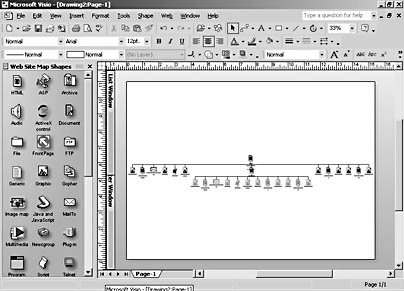 figure 15-5.  the rulers indicate that visio resized the drawing page to approximately 15 inches by 11 inches to fit this site map.