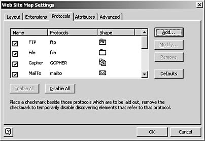 figure 15-10.  you can instruct visio to include links that reference a particular protocol on the protocols tab of the web site map settings dialog box.