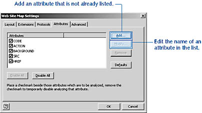 figure 15-11.  use the attributes tab of the web site map settings dialog box to specify tag or element attributes that include links.