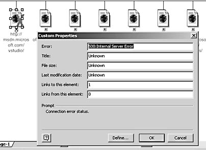 figure 15-18.  visio displays a red x on shapes that represent broken links. in the custom properties dialog box, the error field reveals the type of error that visio uncovered when mapping the site.