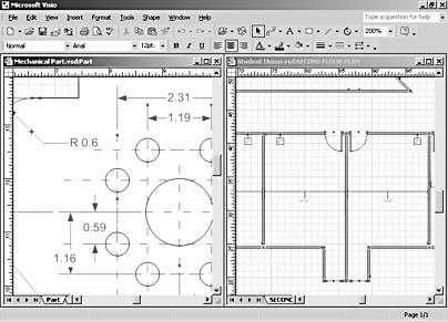 figure 16-2. in the mechanical part drawing, 1 in. on the page represents 2 in. in real life. in the floor plan drawing, 3/16 in. on the page represents 1 ft.