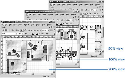 figure 16-10. for each office layout, the drawing scale is the same and the ruler subdivisions are set to fine.