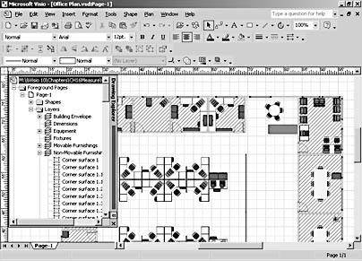 figure 16-38. you can see all the layers on a page—as well as all the shapes assigned to that layer—in the drawing explorer window.