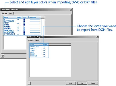 figure 17-4. when you import a cad drawing, you can hide layers or levels by clearing the visible option, which makes the drawing display faster in visio 