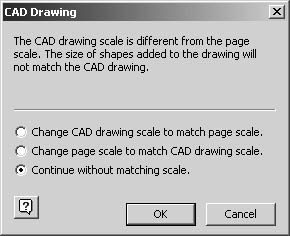 figure 17-10. if the cad drawing scale will result in a drawing too large or too small for the current page, visio displays this message before inserting the drawing 
