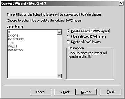 figure 17-14. the convert wizard can retain all, some, or none of the original layers of the cad drawing as a display-only object.