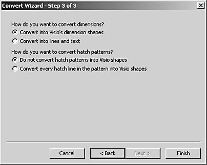 figure 17-15. the wizard can convert dimension lines into intelligent visio dimension shapes. hatch patterns can be converted to not-so-intelligent visio lines.