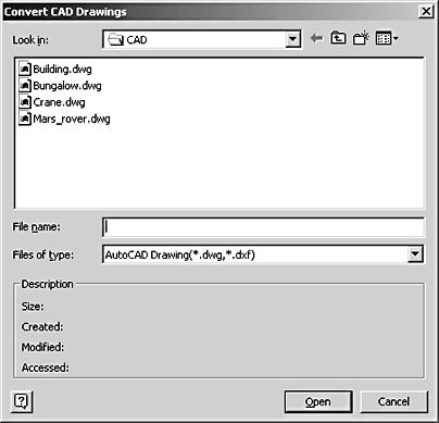 figure 17-16. you can select multiple cad drawings to convert at once with the convert cad drawings add-in.