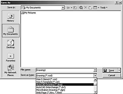 figure 17-17. converting a visio drawing file to cad format is as simple as saving it in the format you want 