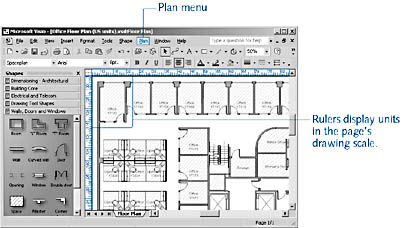 figure 18-1. when you start a drawing with a template in the building plan folder, visio professional opens stencils with an assortment of architectural shapes and adds the plan menu to the menu bar.