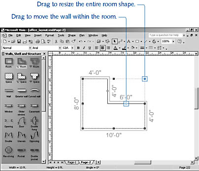 figure 18-7. the 'l' room shape creates a room with six joined walls, which you can reposition. when you select a room shape, the walls' dimensions are displayed.