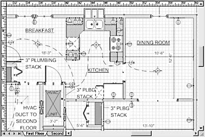 figure 18-17. this home plan includes ductwork, plumbing, and electrical information.