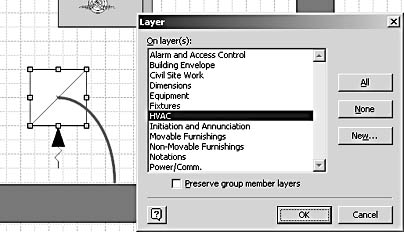 figure 18-21. visio duct shapes are preassigned to the hvac layer, as the layer dialog box shows.