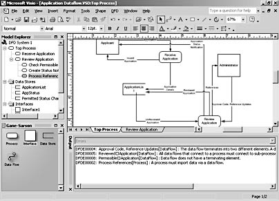 figure 20-2. visio performs semantic error checking on data flow diagrams and displays notes in the output window about invalid model elements.