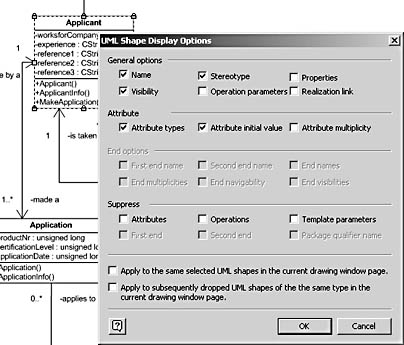 figure 20-5. the options in the uml shape display options dialog box vary depending on the selected shape. here, you can choose the values to display on a class shape.