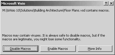 figure 21-2.  when you open a drawing file that includes a vba macro or other programming code, visio displays this message to warn you about its contents. usually the macros are needed to enable interactive features of the drawing.
