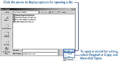 figure 21-3.  when you open a stencil, visio opens it as read-only unless you specify otherwise in the open stencil dialog box.