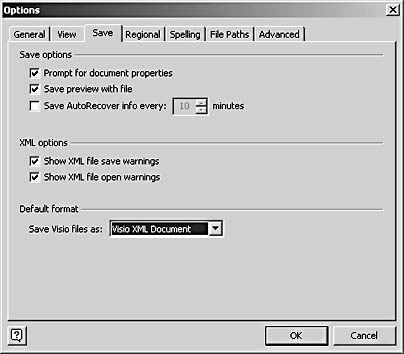 figure 21-8.  you can specify xml as the default file format for visio documents by choosing tools, options.