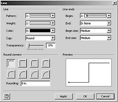 figure 22-5. visio applies the line end patterns to the begin point and endpoint when you select an option in the begin and end lists.