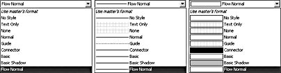 figure 23-3. a visio style can appear in the text style, line style, and fill style lists. the list's appearance shows you whether the style applies a text (left), line (center), or fill format.