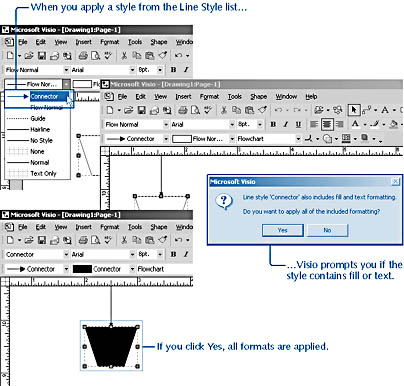 figure 23-4. if you select a style from the line style list, visio prompts you before applying the style's fill format (solid black) to the shape.