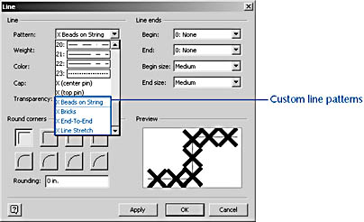 figure 23-14. patterns you create appear at the bottom of the list of available patterns. here, custom-designed line patterns are shown.