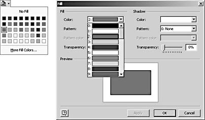 figure 23-21. the default, indexed colors in a visio diagram appear in the toolbar palettes and as the numbered options in the color lists of the text, line, and fill commands.