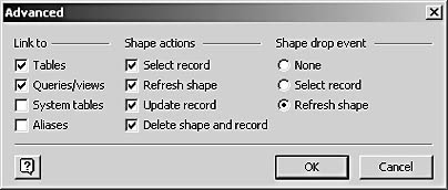 figure 24-6.  you can specify which shortcut commands visio creates with the options under shape actions and shape drop event in the advanced dialog box.