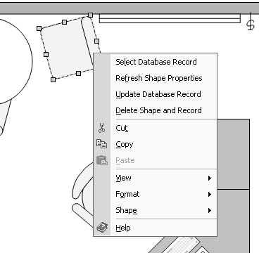 figure 24-9.  when you link a shape to a database record, visio adds four commands to the shape's shortcut menu for controlling the connection.