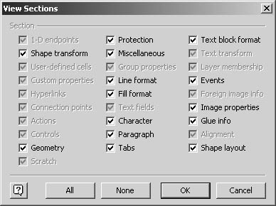 figure 25-2. the shapesheet window for the selected shape displays all the available sections, as the check marks in the view sections dialog box indicate. options that appear dimmed represent nonexistent sections, some of which are irrelevant for the object.