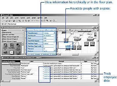figure 26-1. a visio space plan looks like a floor plan but includes a built-in database of information about an organization's resources, including its employees.