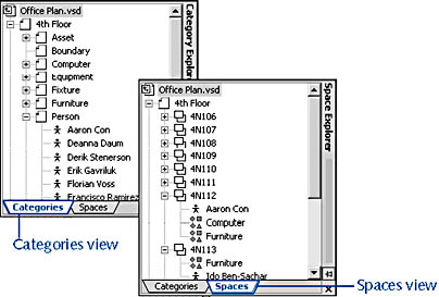 figure 26-2. you can track resources in your floor plan by category or by space in the explorer window. click a tab to switch views.