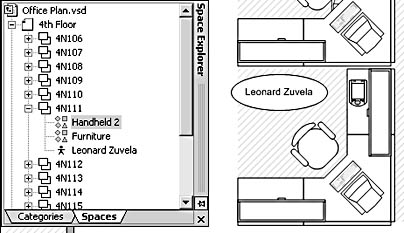 figure 26-4. placed resources—such as the handheld computer and the employee in this office—appear in the drawing. because they're associated with office 4n111, they are also listed under the appropriate space in the explorer window.